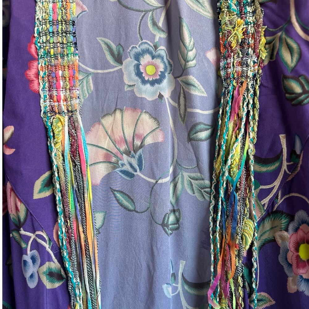 Anjuna Silk Purple Floral Print Multicolor Trim Robe Small - Picture 3 of 7